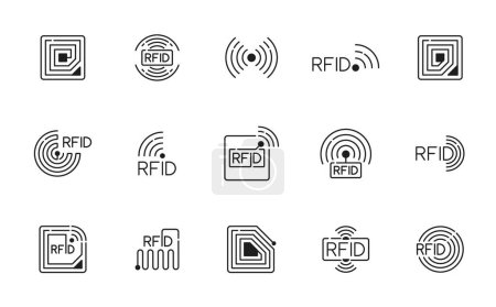 Illustration for RFID. Radio frequency identification technology icons, wireless payment electromagnetic copper coil monochrome thin line symbols. Identification and tracking RFID system outline pictograms set - Royalty Free Image