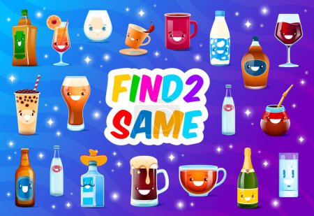 Illustration for Find two same cartoon drink characters. Vector kids game worksheet with wine glass, rum, mexican tequila and foamy beer tankard. Coffee or tea cup, bubble cocktail, milk, champagne, pulque and water - Royalty Free Image