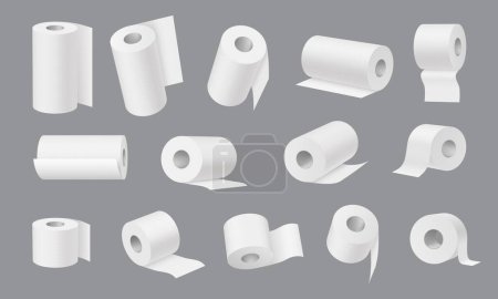 Illustration for Realistic toilet and towel paper, hygiene icons. Kitchen cleaning towels. Lavatory, bathroom toilet paper rolls or tubes, shop payment receipt spools isolated 3d vector mock up set - Royalty Free Image