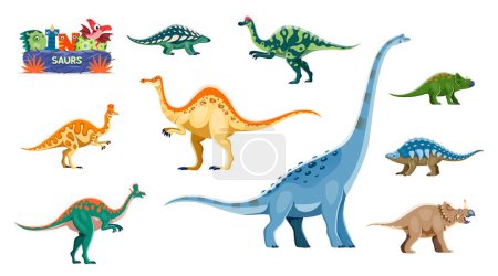 Illustration for Funny dinosaurs cartoon personages. Nodosaurus, Hypacrosaurus, Corythosaurus and Deinocheirus, Lambeosaurus, Titanosauria, Centrosaurus and Avaceratops, Panoplosaurus dinosaur funny characters set - Royalty Free Image