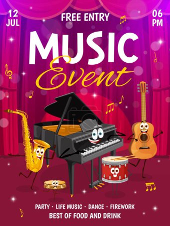 Illustration for Music party or concert flyer. Cartoon musical instruments characters on stage vector poster. Happy guitar, saxophone, drum, piano and tambourine personages with music notes and treble clef, invitation - Royalty Free Image