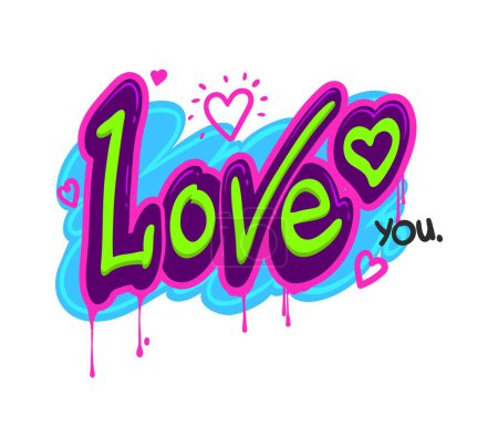 Illustration for Love graffiti street art, urban style. Teenage artwork, Hip Hop culture street art or isolated vector wall grunge print. Airbrush text background with blue, pink and green paint love graffiti text - Royalty Free Image