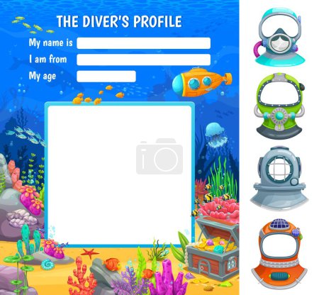 Illustration for Frogman or diver profile form. Professional frogman or diver, diving club member account log in or profile registration web page form vector template with diving helmet, sea bottom fairy landscape - Royalty Free Image