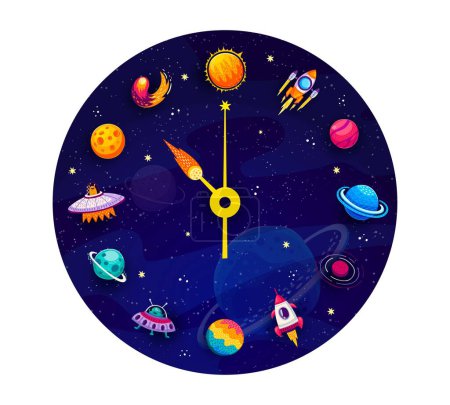 Ilustración de Reloj Galaxy con planeta espacial, cohete y alienígena. Astronomía educación primaria, exploración de galaxias concepto de vectores de dibujos animados con planetas de fantasía, cometas, cohetes y naves espaciales OVNI en el dial del reloj - Imagen libre de derechos