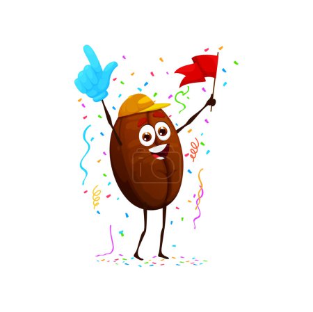 Illustration for Cartoon happy coffee bean fan character. Isolated vector brown grain personage with sports fan look, wearing baseball cap and holding foam finger and red flag excitedly cheering for the favorite team - Royalty Free Image
