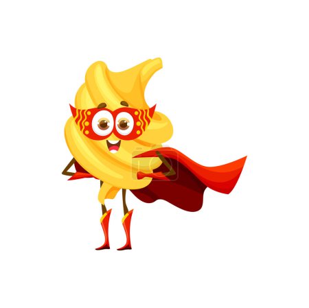 Illustration for Cartoon funghetto italian pasta superhero character. Isolated vector charismatic super hero defender personage in red mask and cape, embodies playful spirit, showcasing oozing charm and heroic stance - Royalty Free Image