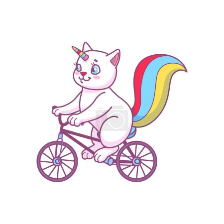 Illustration for Surfing cute cartoon caticorn cat on surfboard, surfing kitten character. Vector animated fairytale cat with corn, lovely fantasy animal - Royalty Free Image