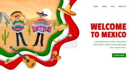 Téléchargez les illustrations : Page d'accueil du site de la compagnie de voyage mexicaine. Caractères mexicains avec des maracas dans le désert. Modèle vectoriel de page web d'agence de voyages Mexique avec musiciens mariachis, pyramide inca et nourriture Tex Mex - en licence libre de droit