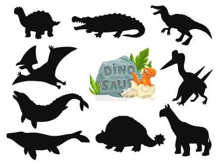 Illustration for Cartoon dinosaurs cute characters silhouettes. Prehistoric reptile, extinct animal funny vector personages. Basilosaurus, Quetzalcoatlus, Indricotherium and Sarcosuchus, Baryonyx, Mosasaurus dinosaurs - Royalty Free Image