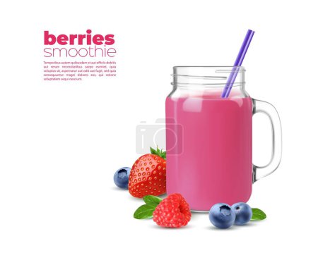 Illustration for Purple wild berries smoothie or juice, vitamin drink in glass jar, realistic vector. Strawberry, raspberry and blueberry berry mix smoothie or detox shake in glass mug with drinking straw and leaves - Royalty Free Image