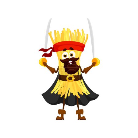 Illustration for Cartoon funny Vermicelli italian pasta pirate and corsair character brandishes twin swords. Isolated vector whimsical culinary personage sails the high seas of flavor, bringing noodle-based adventures - Royalty Free Image