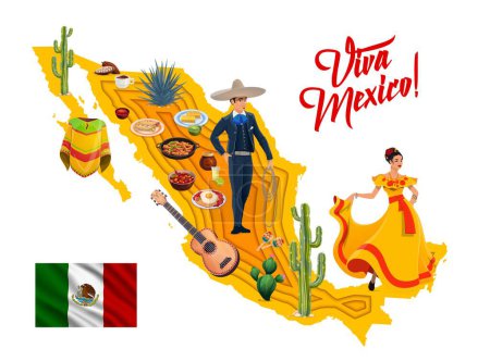 Téléchargez les illustrations : Viva Mexico, carte découpée en papier mexicain avec personnages nationaux et cuisine, vêtements et instruments de musique, fond vectoriel. Mexicain charro homme en sombrero et femme en robe ethnique, guitare et poncho - en licence libre de droit