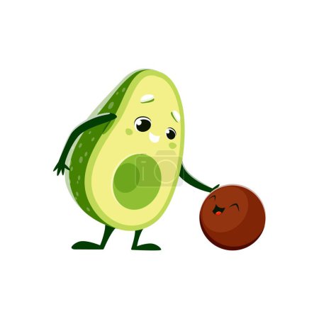 Illustration for Cartoon avocado and nut character for emoji or kawaii emoticon, isolated vector. Cute avocado playing with seed nut with happy smiling face, kids friendship and fun game personage - Royalty Free Image