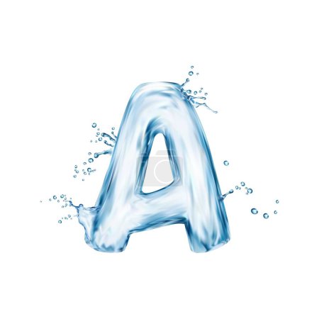 Illustration for Realistic water font, letter A flow splash type, liquid aqua typeface, transparent wet english alphabet. Isolated 3d vector uppercase sign embodies fluid elegance, with graceful ripple glossy curves - Royalty Free Image