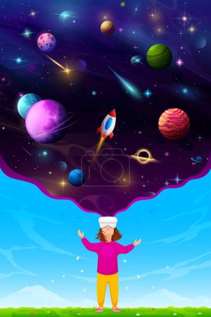 Téléchargez les illustrations : Enfant fille dans le casque VR sur prairie d'été regardant planètes de l'espace galaxie, vecteur de dessin animé. Enfant fille en réalité virtuelle lunettes regarder ciel de l'espace avec fusée vaisseau spatial, planètes cosmiques et étoiles galactiques - en licence libre de droit