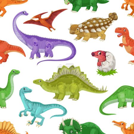 Illustration for Cartoon dinosaur characters seamless pattern of cute dino animals and funny baby stegosaurus in egg. Vector background with pterodactyl, brontosaurus, tyrannosaurus and velociraptor personages - Royalty Free Image