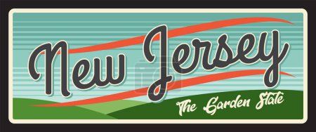 Illustration for New Jersey garden state, retro travel plate. Vector retro banner, sign for tourism destination, vintage board, Trenton capital. Antique signboard, touristic landmark plaque with US state - Royalty Free Image