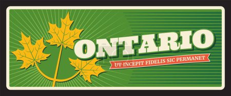 Illustration for Ontario Canadian province old card with motto ut incepit fidelis sic permanet. Vector travel plate, vintage sign, retro postcard design. Souvenir plaque or magnet from journey or trip - Royalty Free Image