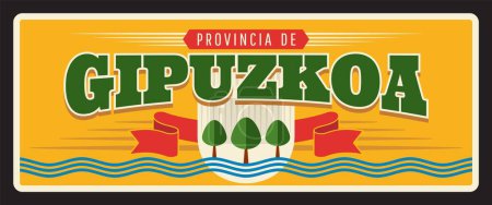 Illustration for Spain province of Gipuzkoa metal plate and sign, vector welcome tagline, trees and red banner. Spanish city entry tin sign with landmark symbol and flag emblem. Autonomous community of Basque Country - Royalty Free Image