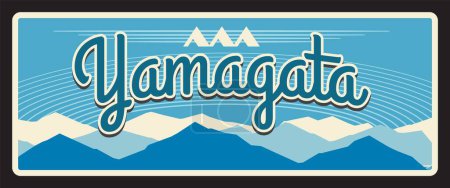 Illustration for Yamagata tin vector plate, Japan prefecture sign. Japanese region vintage metal plate with territory silhouette, mountain peaks in snow. Asian trip memory retro sign - Royalty Free Image