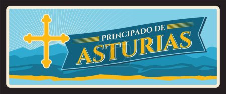 Illustration for Spain Principado de Asturias metal plate and sign, vector. Spain city welcome sign with city landmark and flag emblem, metal plates with cross and sea waves, tourist plaque - Royalty Free Image