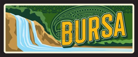 Illustration for Bursa il, Turkey province vintage plate or banner. Vector Turkish landmark, travel destination sign. Famous place plaque with waterfall and oriental ornament. Retro board, touristic signboard - Royalty Free Image