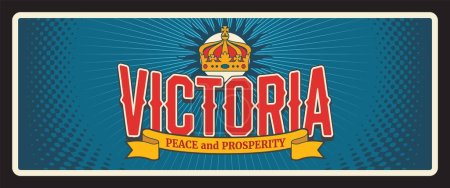 Ilustración de Victoria state, Australian island vintage travel plate. Bandera vectorial y corona real, estado de Vic en el sureste de Australia. El Estado Jardín con el lema de la paz y la prosperidad, destino turístico - Imagen libre de derechos