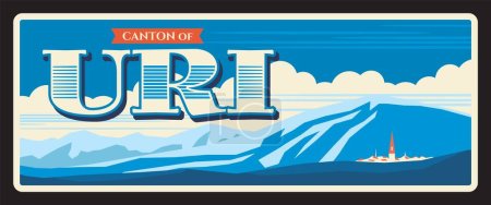 Illustration for Uri Swiss canton tin sign, retro travel plate, tourist destination banner with antique typography. Canton territory landmark with sea and mountains landscape, lighthouse on island, blue sky - Royalty Free Image