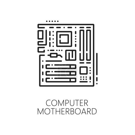 Illustration for Motherboard line icon for computer PC mainboard hardware, vector outline symbol. PC or laptop motherboard or system board linear pictogram for computer hardware installation instructions or repair - Royalty Free Image