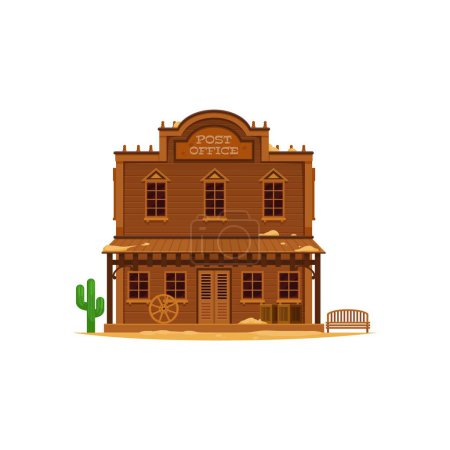 Illustration for Western Wild West town post office cartoon building. Cowboy city street vector scene with old wood two storey house. Vintage Western post office with parcels on porch, cactus, wagon wheel and bench - Royalty Free Image
