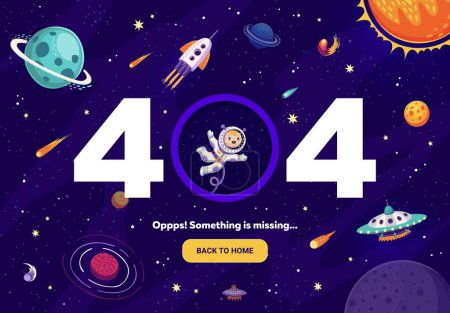 Ilustración de 404 página con el espacio de la galaxia de dibujos animados, astronauta, ovni y planetas, fondo de la página web del vector. Error del sitio web 404 o algo que falta en la página web no se encuentra con el botón de inicio de la pantalla de servicio - Imagen libre de derechos