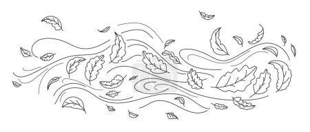Ilustración de Doodle hojas de otoño volando en el viento. Falling season outline backdrop, air flow leaves wave linear pattern or wind blowing doodle vector print. Otoño viento mano dibujado fondo monocromo - Imagen libre de derechos