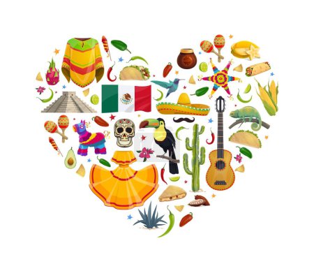 Téléchargez les illustrations : Cœur mexicain avec cuisine nationale et animaux, drapeau, crâne de sucre et motif de dessin animé pyramidal. Vecteur mexicain vacances sombrero, guitare, maracas et cactus, chili, tex mex nourriture, pinata, lézard et oiseau - en licence libre de droit