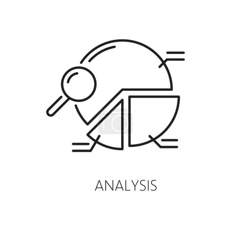Illustration for Analysis. CMS. Content management system icon, web information analysis, blog traffic automation technology or internet marketing management system line vector sign with diagram and magnifying glass - Royalty Free Image