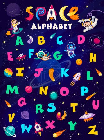 Illustration for Cartoon space alphabet vector poster. Kid astronauts and aliens characters, galaxy planets, rocket, UFO and spaceship, english abc letters on space sky background. Astronomy science kids education - Royalty Free Image