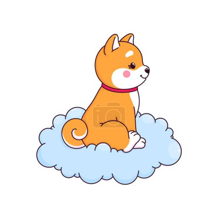 Illustration for Cartoon kawaii shiba inu dog or puppy character sitting on a cloud. Cute pet animal vector personage of japanese hunting dog. Funny brown puppy emoji of shiba inu breed relaxing with adorable smile - Royalty Free Image