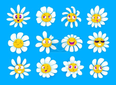 Illustration for Cartoon chamomile flower characters with funny faces. Daisy flowers cute vector personages faces emotion expressions collection. Foolish, laughing, sad and crazy chamomile plant kawaii stickers - Royalty Free Image