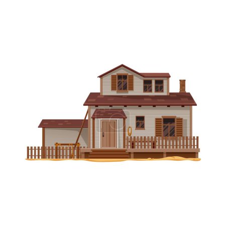 Illustration for Western Wild West town cartoon cowboy or sheriff house. Vector building of old american Wild West country street with wood board facade, porch and stairs, hitching rail with horse harness and lasso - Royalty Free Image