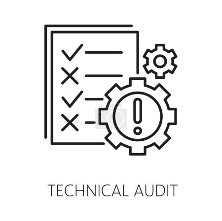 Illustration for Technical audit. Web audit icon. Isolated vector thin line paper with list and cogwheels stroke sign. Linear modern business symbol of the efficiency or digital docs, capacity or paperwork process - Royalty Free Image