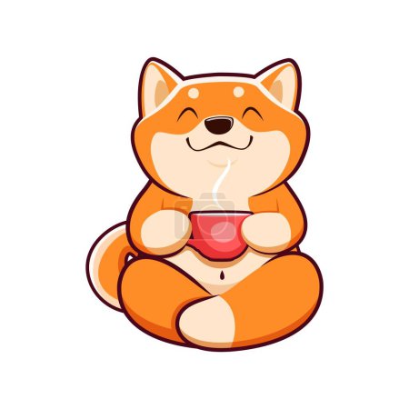 Illustration for Cartoon kawaii shiba inu dog character with coffee or tea cup. Cute japanese puppy pet animal vector personage enjoying hot drink with adorable smile and happy face. Funny shiba inu dog or puppy emoji - Royalty Free Image