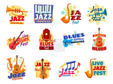 Illustration for Jazz and blues music festival icons. Live music show or performance event, jazz festival or concert vector icons or emblems set with trumpet, saxophone, vintage microphone and electrical guitar - Royalty Free Image