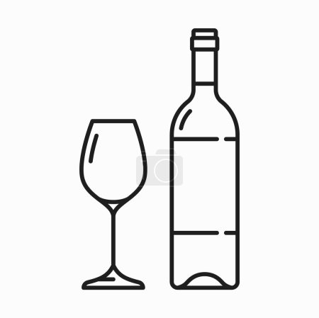 Téléchargez les illustrations : Boisson de vin et verre icône de contour isolé. Bouteille en verre vectoriel, boisson bordeaux et gobelet, ligne mince. Produit vinicole, boisson alcoolisée semi-sucrée - en licence libre de droit