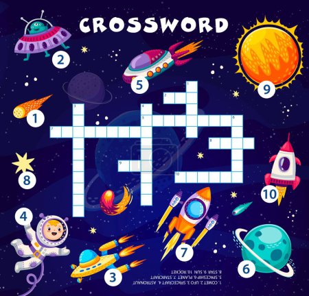 Illustration for Crossword quiz game with space planets and characters. Vector word grid puzzle with cartoon astronaut and alien personages, UFO, spaceship, rocket, stars, comet and Sun, galaxy landscape background - Royalty Free Image