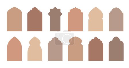 Téléchargez les illustrations : Porte islamique et fenêtre de la mosquée forme des silhouettes. Architecture arabe, façades des portes des bâtiments de mosquée, silhouettes d'arcs, cadres vectoriels isolés de portes ou fenêtres arabes - en licence libre de droit