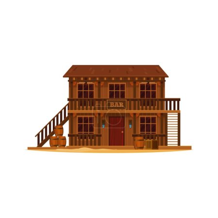 Illustration for Western Wild West town bar cartoon building. Vector Texas cowboy saloon or pub with brown wood facade and barrels. Wild West country street old two storey building with wooden porch, stairs and door - Royalty Free Image