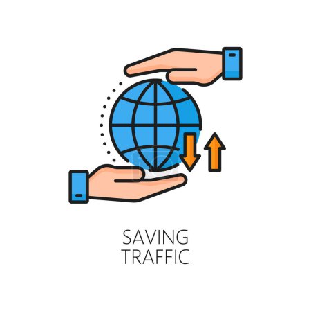 Illustration for Saving traffic. CDN. Content delivery network icon, Internet network file storage and backup server sign, website content delivery technology, CDN linear vector icon with human hands and globe - Royalty Free Image