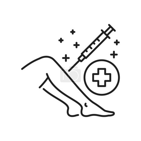 Ilustración de Inyección en la pierna, icono del esquema de tratamiento del edema. Cirugía de escleroterapia médica vectorial, procedimiento médico venas varicosas. Inyección en vena - Imagen libre de derechos