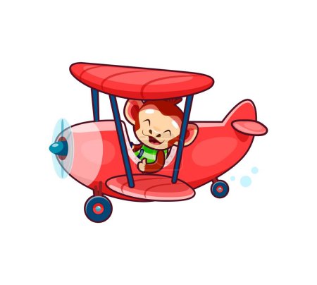 Illustration for Cartoon cute monkey animal character on plane. Jungle cute animal baby flying on propeller airplane, adorable monkey kid isolated vector personage traveling on vintage plane, sitting in old aircraft - Royalty Free Image