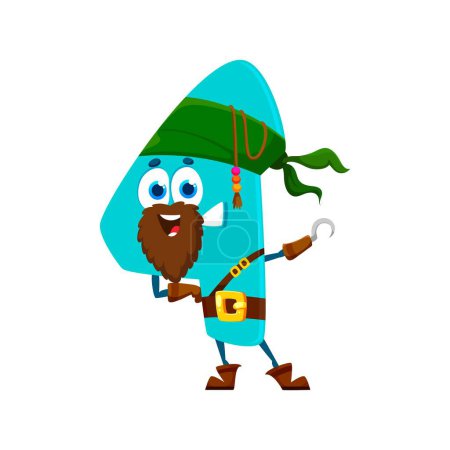 Ilustración de Dibujos animados divertido número 4 pirata o personaje de corsario con gancho de mano, vector aislado. Número cuatro disfrazado de pirata filibustero y capitán caribeño bucanero marinero con barba en bandana pirata - Imagen libre de derechos