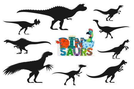 Illustration for Isolated dinosaurs cartoon personages silhouettes. Carnotaurus, Dilophosaur, Troodon and Gallimimus, Oviraptor, Therizinosaurus, Compsognathus and Pachycephalosaurus funny dinosaurs vector silhouettes - Royalty Free Image